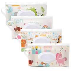 新品 お得な4点セット おしり拭きポーチ ウェットティッシュケース ポーチ 持ち運び ベビー キッズ ウェットシートポーチ 抗菌 蓋付き 携帯 可愛い