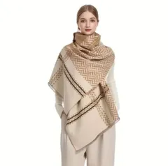 【ストール／ショール 大判】ベージュ × アイボリー ジオメトリック柄