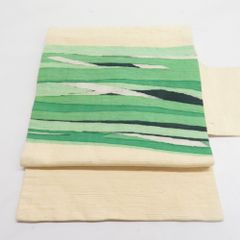 本麻 エメラルドグリーン本染雪花絞りリバーシブル 杢目筋絞り 半幅帯