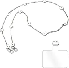 grooblue スマホショルダー チェーンストラップ 花柄 斜めがけ 首掛け 肩掛け 携帯ストラップ スマホストラップ シルバーチェーン おしゃれ かわいい 細め iPhone Android 全機種対応 紛失・落下防止 パッチ1枚 (ホワイト)