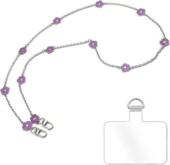 grooblue スマホショルダー チェーンストラップ 花柄 斜めがけ 首掛け 肩掛け 携帯ストラップ スマホストラップ シルバーチェーン おしゃれ かわいい 細め iPhone Android 全機種対応 紛失・落下防止 パッチ1枚 (パープル)