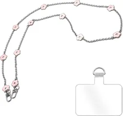 grooblue スマホショルダー チェーンストラップ 花柄 斜めがけ 首掛け 肩掛け 携帯ストラップ スマホストラップ シルバーチェーン おしゃれ かわいい 細め iPhone Android 全機種対応 紛失・落下防止 パッチ1枚 (ピンク)