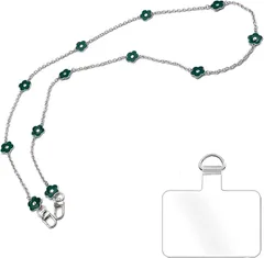 grooblue スマホショルダー チェーンストラップ 花柄 斜めがけ 首掛け 肩掛け 携帯ストラップ スマホストラップ シルバーチェーン おしゃれ かわいい 細め iPhone Android 全機種対応 紛失・落下防止 パッチ1枚 (グリーン)