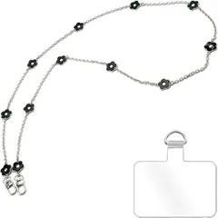 grooblue スマホショルダー チェーンストラップ 花柄 斜めがけ 首掛け 肩掛け 携帯ストラップ スマホストラップ シルバーチェーン おしゃれ かわいい 細め iPhone Android 全機種対応 紛失・落下防止 パッチ1枚 (ブラック)