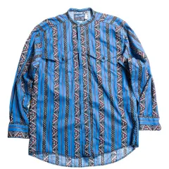 90s Wrangler バンドカラー シャツ ネイティブ柄 ブルー ノーカラー オールドサーフ アメカジ 古着