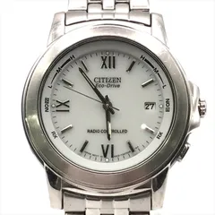 良品 CITIZEN シチズン エコドライブ A412 電波ソーラー ホワイト文字盤 シルバー デイト 時計 ウォッチ アナログ メンズ 稼働品 a10499