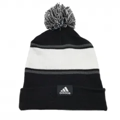 【超美品】アディダス ニット帽 黒×白 ビッグロゴ アクリル混 ボンボン付 レディース フリーサイズ(54-57cm) ゴルフウェア adidas