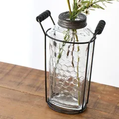 花瓶 おしゃれ ガラス アイアン 一輪挿し アンティーク 枝物 フラワーベース ガラス瓶 レトロ シャビー ヴィンテージ 花器 置物 インテリア オブジェ ガラスのフラワーべース アイアンハンドル＆メッシュ蓋付き