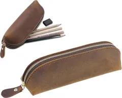 AmoreTempo 本革 超薄軽量ペンケース 筆箱 文房具 ペン入れ レザーペンケース スリム 革筆箱 自立 ファスナー付き 16本収納 大人 ビジネス おしゃれ シンプル 高校生 社会人 レディース メンズ プレゼント 入学祝い (ブラウン)