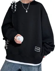 LENLOC（レンロック） ゆったり トレーナー メンズ 重ね着風 長そでＴシャツ 秋服 トップス プルオーバー 長袖 丸襟 カジュアル 襟なし 無地 立体柄 フェイクレイヤード (ブラック,  L)