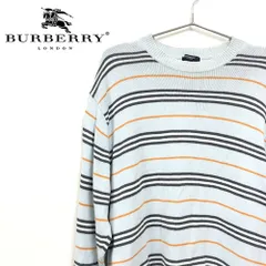 【良品!!送料無料!!】 BURBERRY バーバリー クルーネック ニットセーター ボーダー柄 Mサイズ ライトブルー メンズ トップス 古着 アパレル