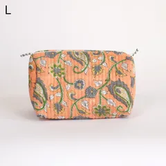 ポーチ　インド綿　ブロックプリント　オレンジペイズリー　Lサイズ