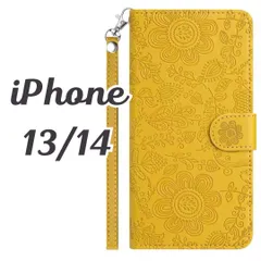 iPhone14/13 ケース 手帳型 カバーアイフォン【color】イエロー おしゃれ 花柄 ボタニカル マグネット式 アイホン プレゼント ストラップ 大人 黄色