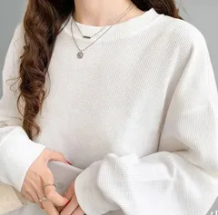 「ワッフル 無地 トレーナー 長袖 レディース ゆったり 大きめ 体型カバー インナー 秋冬 ブラック ホワイト グレー」