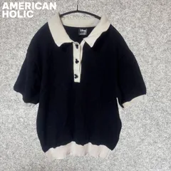 AMERICAN HOLIC　ディズニー　ミッキボタン　半袖ポロシャツ ブラック/ホワイト Fサイズ