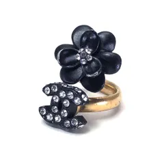 CHANEL シャネル／ココマーク カメリア リング／6号／花・フラワー・ココマーク／GP・ラインストーン／ブラック・ゴールド