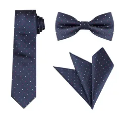 【新品】 [Allegra K] ネクタイ ボウタイ ポケットチーフ 3点セット 水玉 結婚式 フォーマル メンズ ネイビーブルー 白赤水玉 Free 0