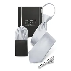 【新品】 [心愛箱] ワンタッチネクタイ 結婚式 【チーフ&タイピン付き】 10秒装着 シルバー ロック機能付き 撥水防汚加工済 礼服用 ギフトボックス 1