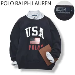 90s ヴィンテージ ポロ ラルフローレン POLO RALPH LAUREN 星条旗 USA ロゴ プリント スウェット トレーナー クルーネック ラグランスリーブ 裏起毛 L ネイビー メンズ