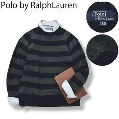 ポロ ラルフローレン POLO RALPH LAUREN ウール ニット セーター ミドルゲージ クルーネック ラグランスリーブ ロゴ 刺繍 160 ボーダー柄 ネイビー x グレー レディース ♪