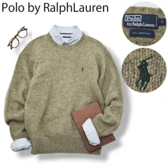 90s ヴィンテージ ポロ ラルフローレン POLO RALPH LAUREN ラムズ ウール LAMBS WOOL ニット セーター ミドルゲージ クルーネック ロゴ 刺繍 S グレージュ メンズ