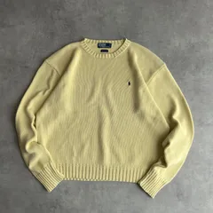 90s/Polo by Ralph Lauren/ポロバイラルフローレン/コットンニット/ポニー刺繍/プルオーバー/クルーネック/無地/ソリッド/短丈/くすみイエロー/XL/jmaple