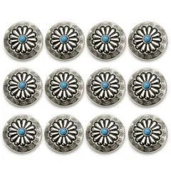 【迅速発送】コンチョ ボタン 12個セット ターコイズ 30mm メタルボタン 足つき デージー柄 レザークラフト アクセサリー 手芸 (タイプA)