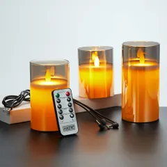 【迅速発送】AnnTec LEDキャンドルライト ledグラス ブラック ロウソク 本物の炎のようにゆらめく3点セット 暖色光 火を使わない ゆらゆら揺れる 安全 省エネ 専用リモコン付き 明るさ調整 USB充電式 LEDキャンドル