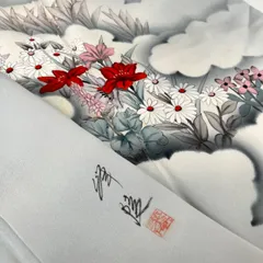 作家物 付下げ 紋無し 素敵な花の染め 訪問着 正絹 着物 MK-562