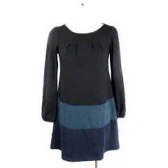 アンタイトル UNTITLED ワンピース ひざ丈 長袖 クルーネック ニット タック ウール 切替 無地 0 黒 緑 ブラック グリーン /T2