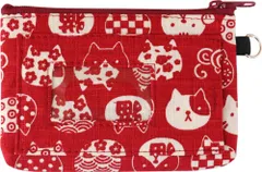 【迅速発送】京佑 日本製 化粧 ポーチ ミニ メイク コスメ 小物 入れ パスケース 定期 IC カード ポケット付き にゃんこもん 猫 和柄 赤 9.5×13cm