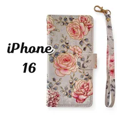 ■iPhone16■ アイフォンケース 手帳型 華やかカバー ストラップ付 花柄 バラ 上品  大人 おしゃれ レディース ゴールド ピンク系 グレーベース