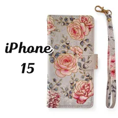 iPhone15 アイフォンケース 手帳型 薔薇カバー ストラップ付 花柄 バラ 上品 華やか 大人 おしゃれ レディース ゴールド ピンク系 グレーベース