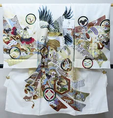 お宮参り 産着 のしめ 男児 男の子 正絹 綸子地 豪華絢爛 金刺繍 白色 鷹 祝着 一つ身 掛け着 熨斗目 NO42755