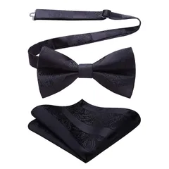 [HISDERN] ブラック 蝶ネクタイ メンズ 結婚式 大人 ワンタッチ ポケットチーフ セット ペイズリー 花柄 おしゃれ ボウタイシルクビジネス フォーマル ブランド 高級 礼服 プレゼント 男性 BR-02 0