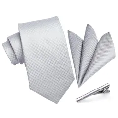 [HISDERN] フォーマル シルバー ネクタイ チーフ セット メンズ 結婚式 無地 ネクタイ 3点セット 紳士用 入学式 卒業式 プレゼント A3-01 0