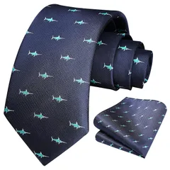 [HISDERN] ネクタイ 動物柄 メンズ ネクタイ チーフ セット ネイビー ブランド 結婚式 卒業式 就活用 披露宴 二次会 パーティー プレゼント 父の日 魚柄 HC-06 0