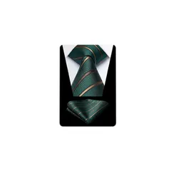 [HISDERN] ネクタイメンズ グリーン ストライプ柄 ネクタイ ポケットチーフ セット シルク ブランド 礼服 二次会 卒業式 成人式 父の日 高級HC-01 1