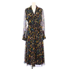 エキプモン EQUIPMENT フレアワンピース マキシ ロング 長袖 スキッパー シアー シースルー 花柄 シルク 2 紺 ネイビー マルチカラー /BB