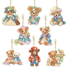 【在庫セール】8個ダイヤモンドアートキーホルダーキットDIY手作り絵画クラフトキット5Dモザイクアートダイヤモンドペインティング特殊形状ダイヤモンドキーチェーンアクセサリーバッグアクセサリー(ぬいぐるみクマダイヤモンドアートキーペンダント)