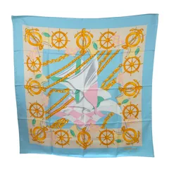 CELINE セリーヌ 大判 スカーフ シルク100% チェーン×舵モチーフ ブルー系 中古