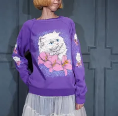 USA VINTAG Hanes Her Way FLOWER CAT DOUBLE SIDED PRINT DESIGN SWEAT SHIRT/アメリカ古着お花にゃんこ両面プリントデザインスウェット