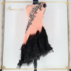 社交ダンス 衣装 ラテン ドレス ワンピース フリル 黒 サーモン デモ 競技 パーティ 発表会 ピンク系 ブラック系 可愛い スカート フリルレース おしゃれ デザイン 女性用 舞台衣装 ダンスウェア 競技用衣装 フォーマル パーティードレス 大人用 豪華