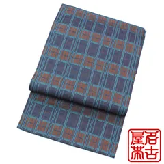 正絹　八寸名古屋帯 松葉仕立て　真綿紬　格子　墨黒✖️紫✖️藍色　美品 正絹 八寸名古屋帯 松葉仕立て 真綿紬 格子 墨黒 紫 藍色 名古屋