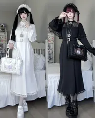 地雷系 量産型 ワンピース ロングワンピ レース ベルト付き ロリータ ゴシック ブラック ホワイト 長袖 Aライン フレアワンピ 原宿系 可愛い 病みかわいい 韓国ファッション レディース 春 秋 冬