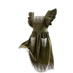 【迅速発送】Ifukens エプロン レディース 北欧風 可愛い刺繍花柄メイド ドレス フリルワンピースタイプ 御洒落ロング防水 H型ポケット付き 厚手コットン 大きいサイズ