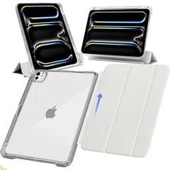 MS factory iPad Pro 11インチ ケース M5 M4 (2025/2024) 用 ペン収納 取り外し可能 軽量 耐衝撃 カバー 縦置き/横置きスタンド Pro 11 M4 ケース ソフトフレーム 背面透明 ホワイトグレー IPDP1