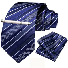 [DiBanGu] ネクタイ ブルー ストライプ ポケットチーフ タイピン 洗濯可能 ビジネス 入学式 0