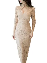 [ISLAYCAOLILA] キャバドレス ミニドレス クラブドレス パーティードレス ワンピース タイト ミディ レース シースルー ミモレ えり付き ベアトップ 七分袖 ハイウエスト スリット レディース DJ3 メロディ (M, アプリコットベージュ)