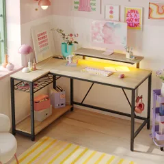 【迅速発送】Bestier l字デスク パソコンデスク 幅122cm ゲーミングデスク コンセント&LEDライト付き 机 pcデスク コーナーデスク 収納ラック付き 棚板高さ調節可能 モニター台付き 勉強机 作業 書斎 オック